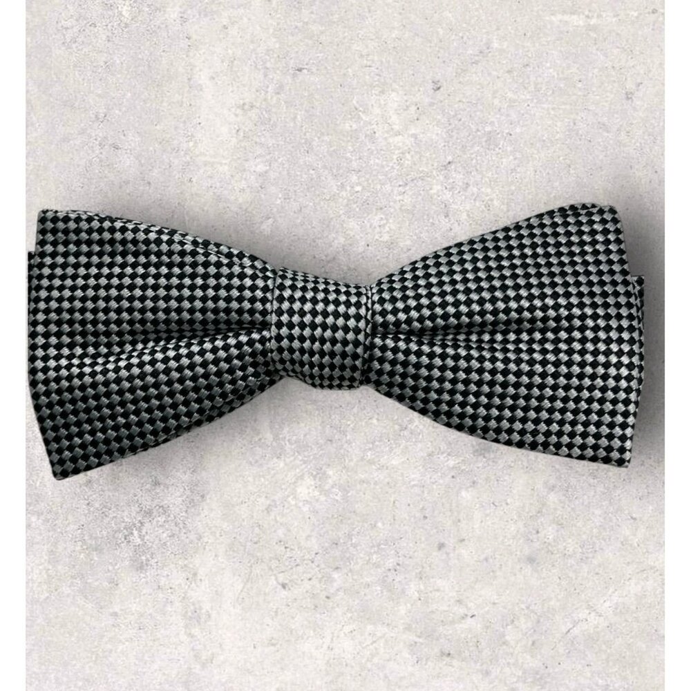 BLACK BROWN 1826 Silk Bow Tie Black Silver Checkerboard W:2.2" EUC